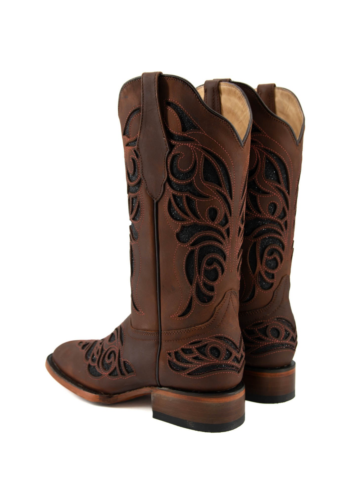 Dark Brown Square-Toe Inlay Giltter Wide Mid Calf Cowgirl Boots