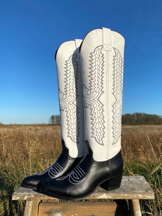 Contrast White And Black Embroidery Tall Wide Knee High Cowgirl Boots