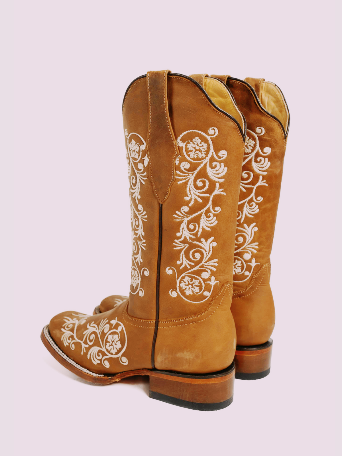 Caramel Square-Toe Floral Embroidery Wide Mid Calf Cowgirl Boots