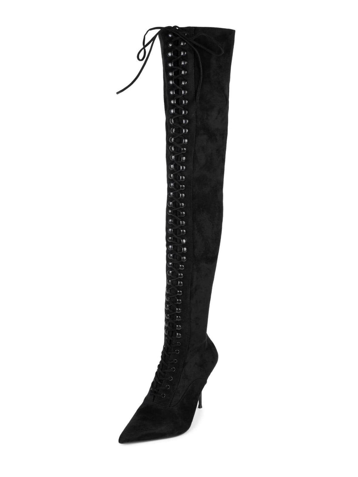 Black Stretch Faux Suede Pointed-Toe Half-Zip Lace-Up Over-The-Knee Stiletto Boots