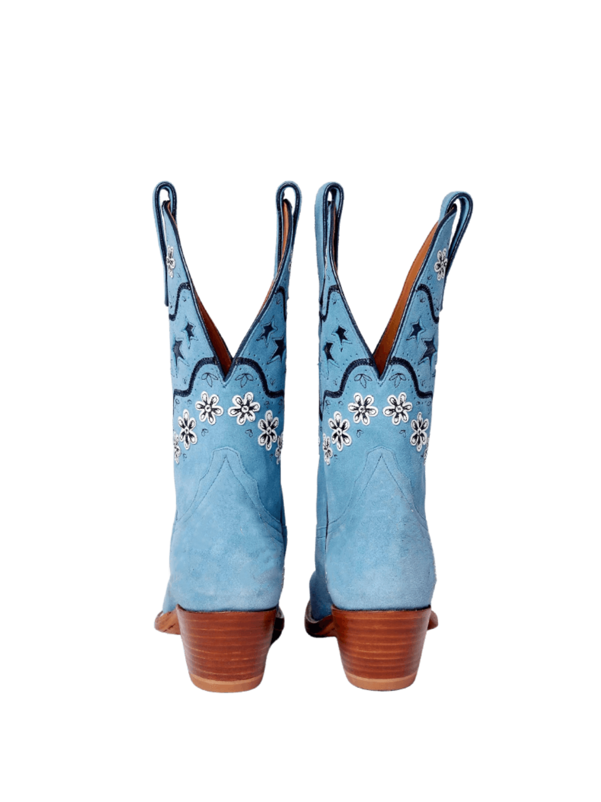 Blue Faux Suede Snip-Toe Stars Inlay And Flowers Applique Wide Mid Calf Cowgirl Boots