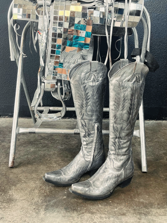 Distressed Metallic Silver Embroidery Snip-Toe Half-Zip Western Boots Knee High Tall Boots