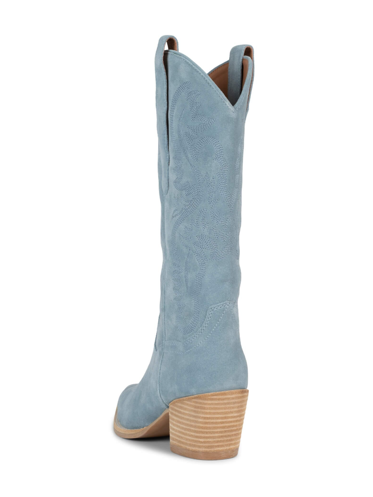 Sky Blue Faux Suede Snip-Toe Western Embroidery Wide Mid Calf Tall Cowgirl Boots