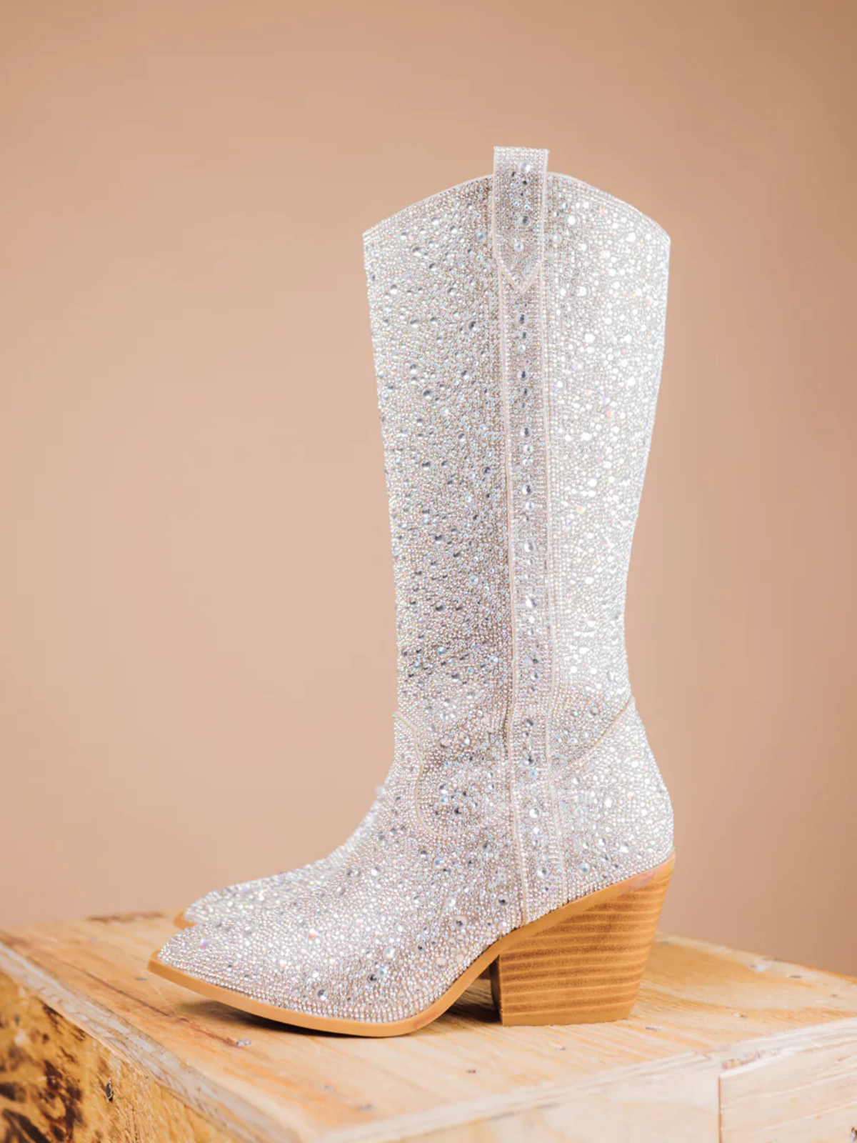 Silver Rhinestone Faux Suede Pointed-Toe Full-Zip Mid Calf Cowgirl Tall Boots