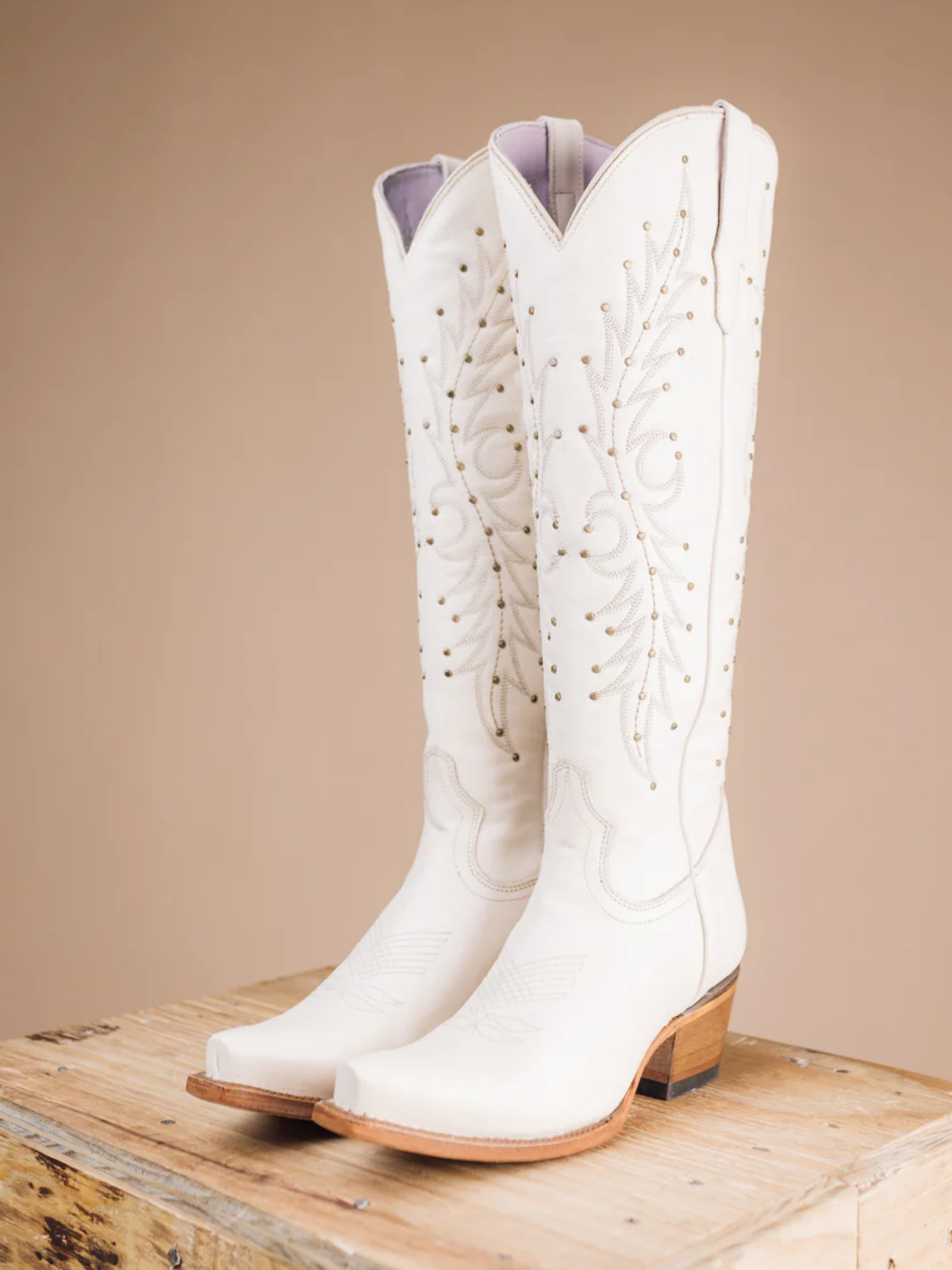 White Embroidery Studded Snip-Toe Half-Zip Cowgirl Knee High Tall Boots