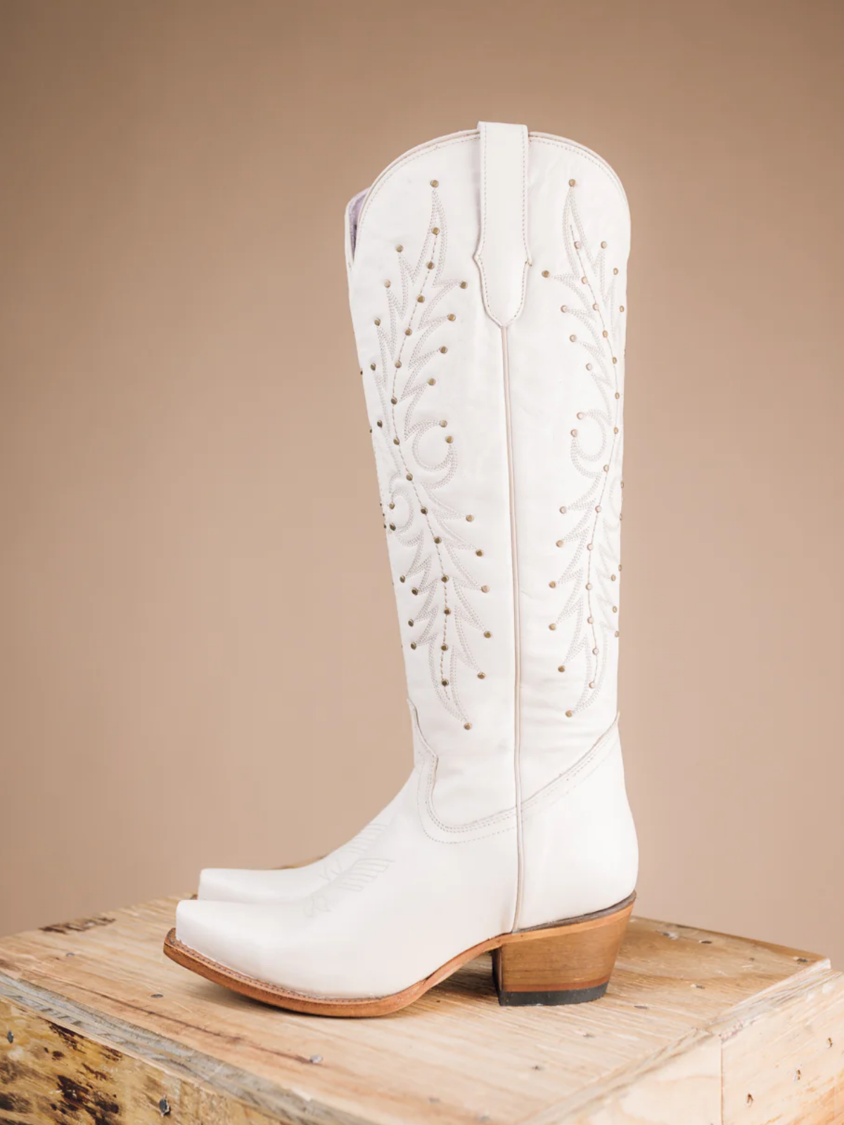 White Embroidery Studded Snip-Toe Half-Zip Cowgirl Knee High Tall Boots