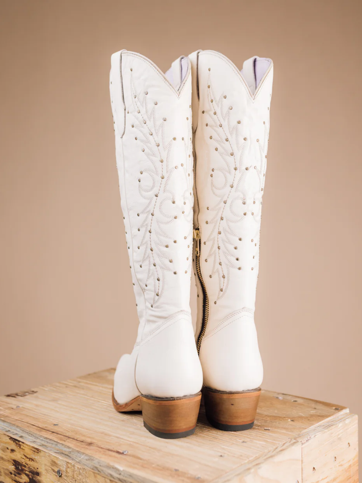 White Embroidery Studded Snip-Toe Half-Zip Cowgirl Knee High Tall Boots