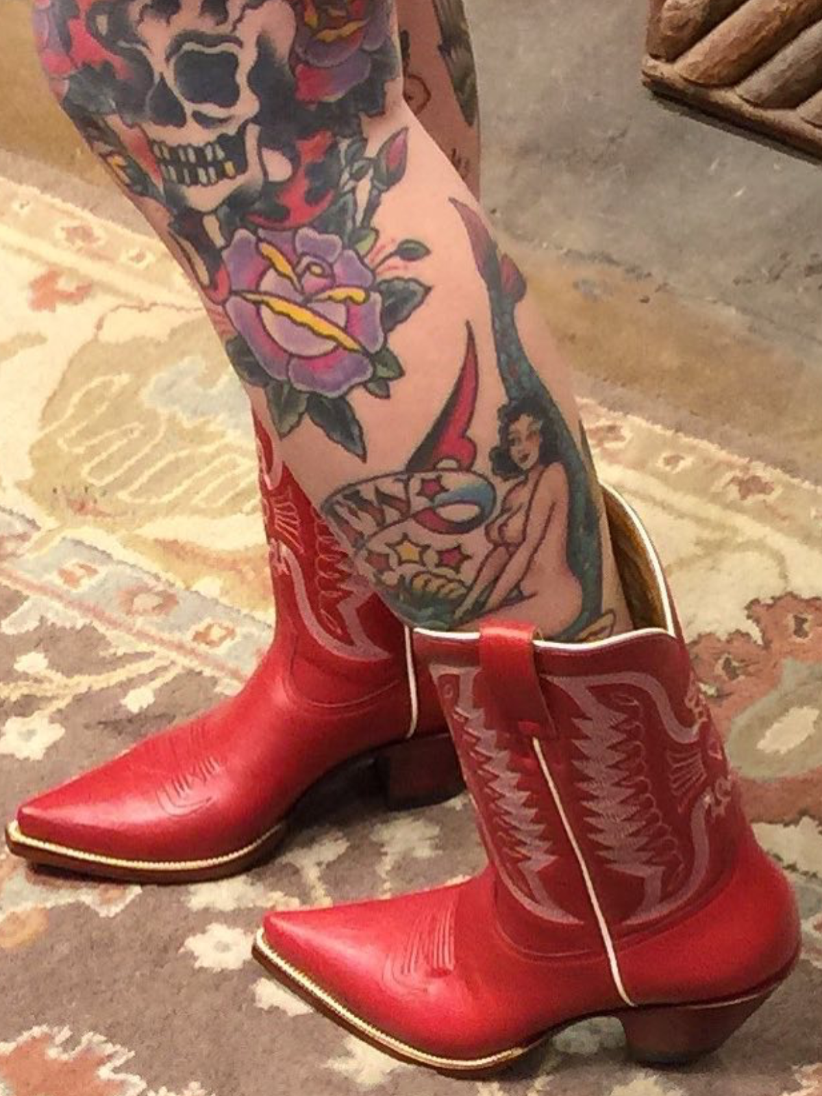 Red Eagle And Heart Embroidery Pointed-Toe Wide Mid Calf Cowgirl Boots