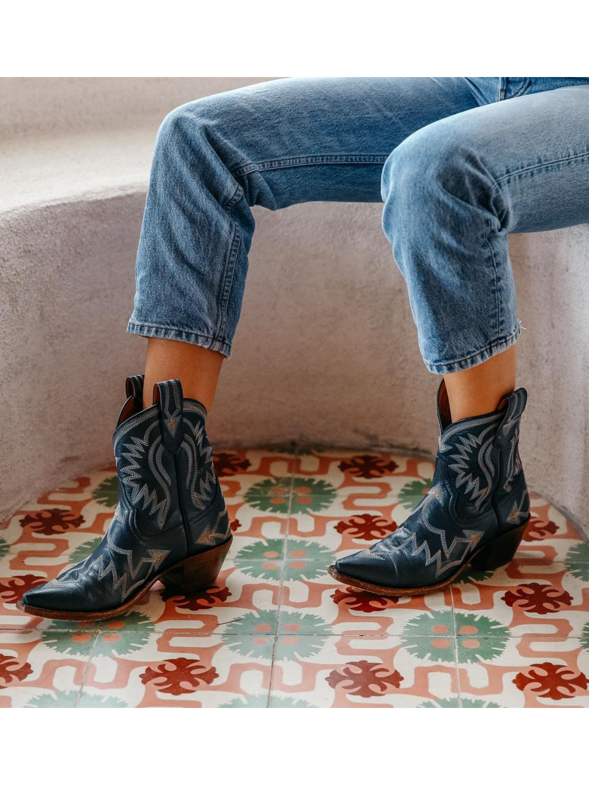 Metallic Embroidery Snip-Toe Wide Mid Calf Cowgirl Boots - Dark Blue