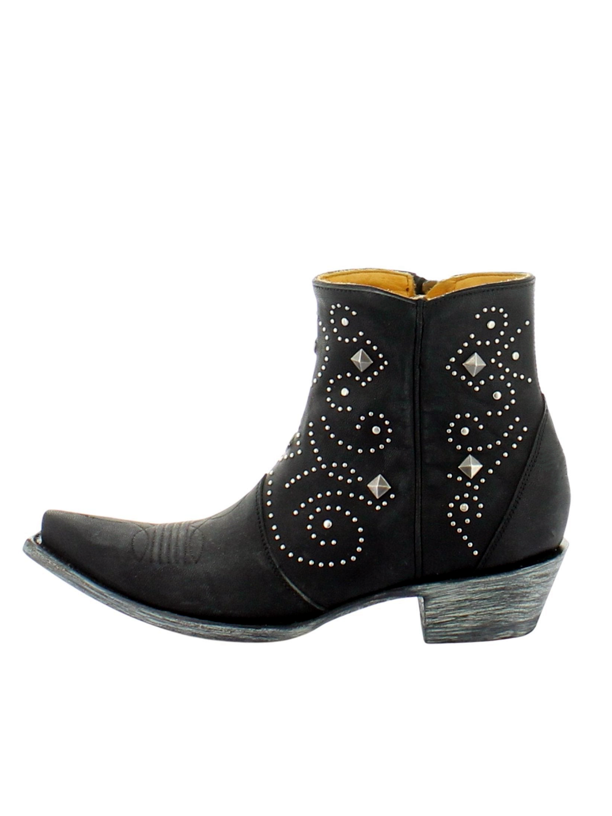 Black Snip-Toe Studded Full-Zip Short Mid Calf Cowgirl Boots