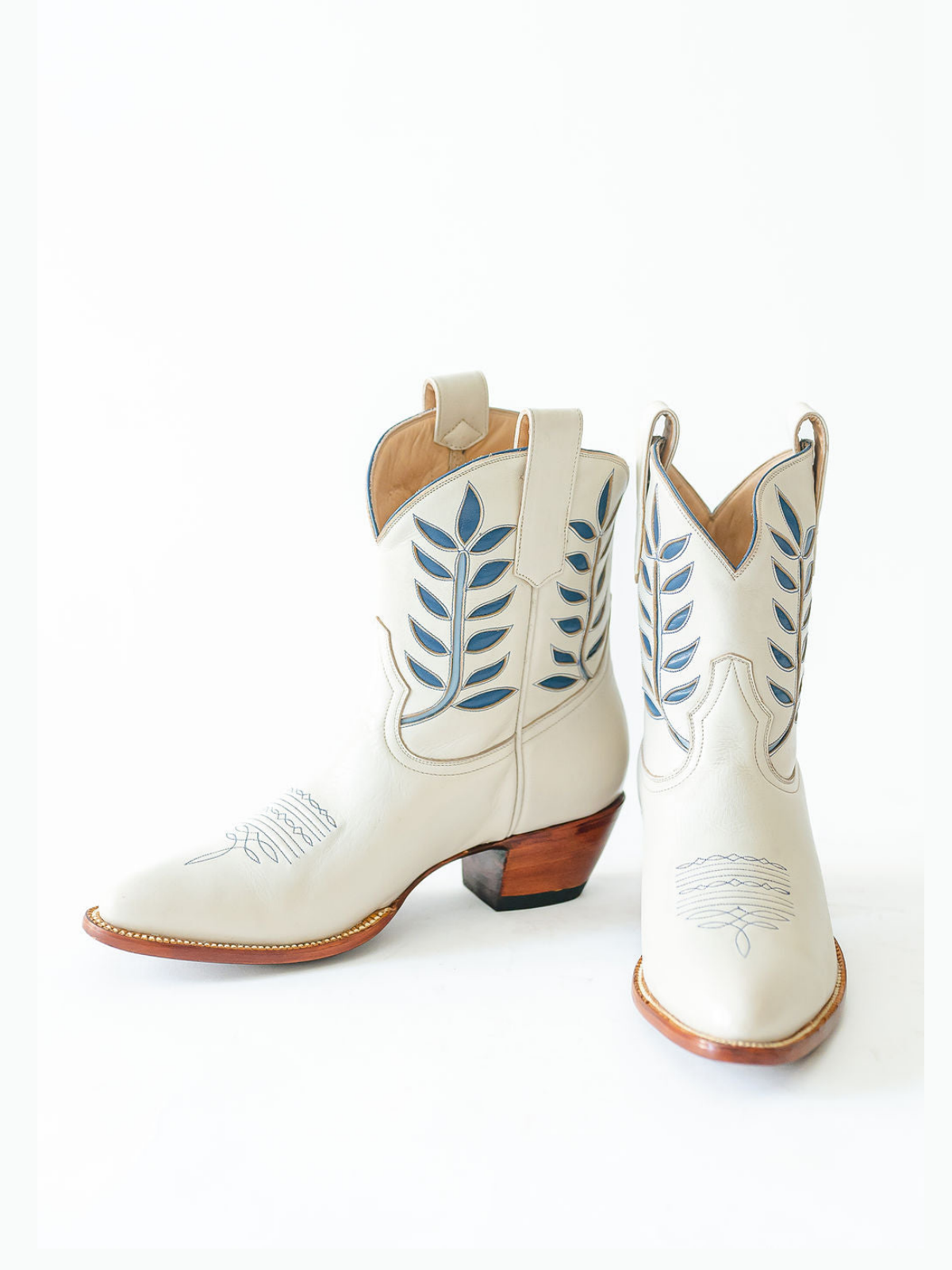 Ivory Almond-Toe Blue Leaves Inlay Wide Mid Calf Cowgirl Boots