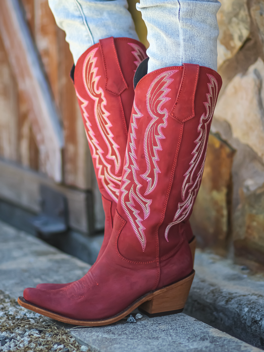 Star And Feather Embroidery Snip-Toe Wide Calf Tall Knee High Cowgirl Boots - Red