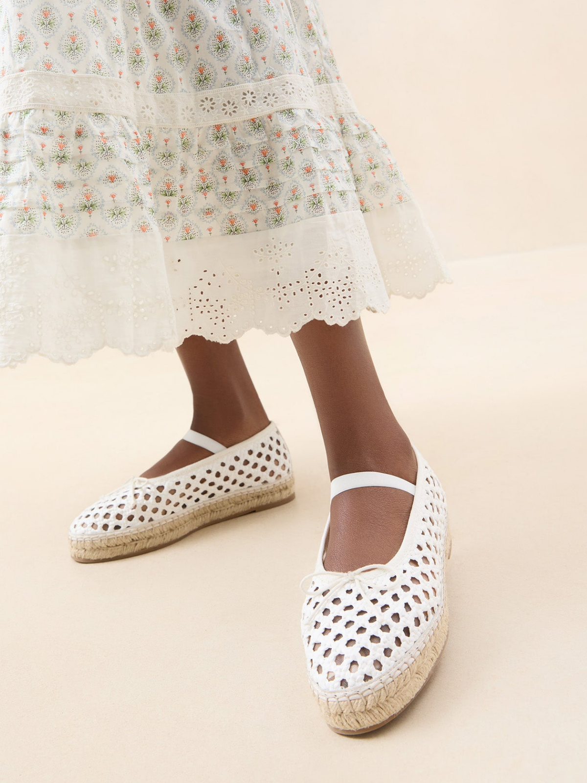 White Almond-Toe Elastic Bridge Strap Mesh Bow Espadrille Ballet Flats