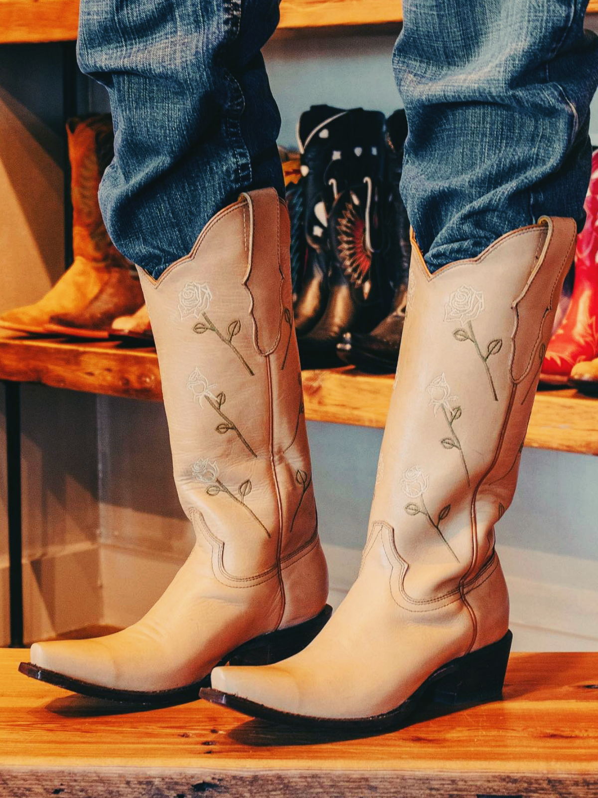 Apricot Rose Embroidered Snip-Toe Wide Mid Calf Western Cowgirl Boots