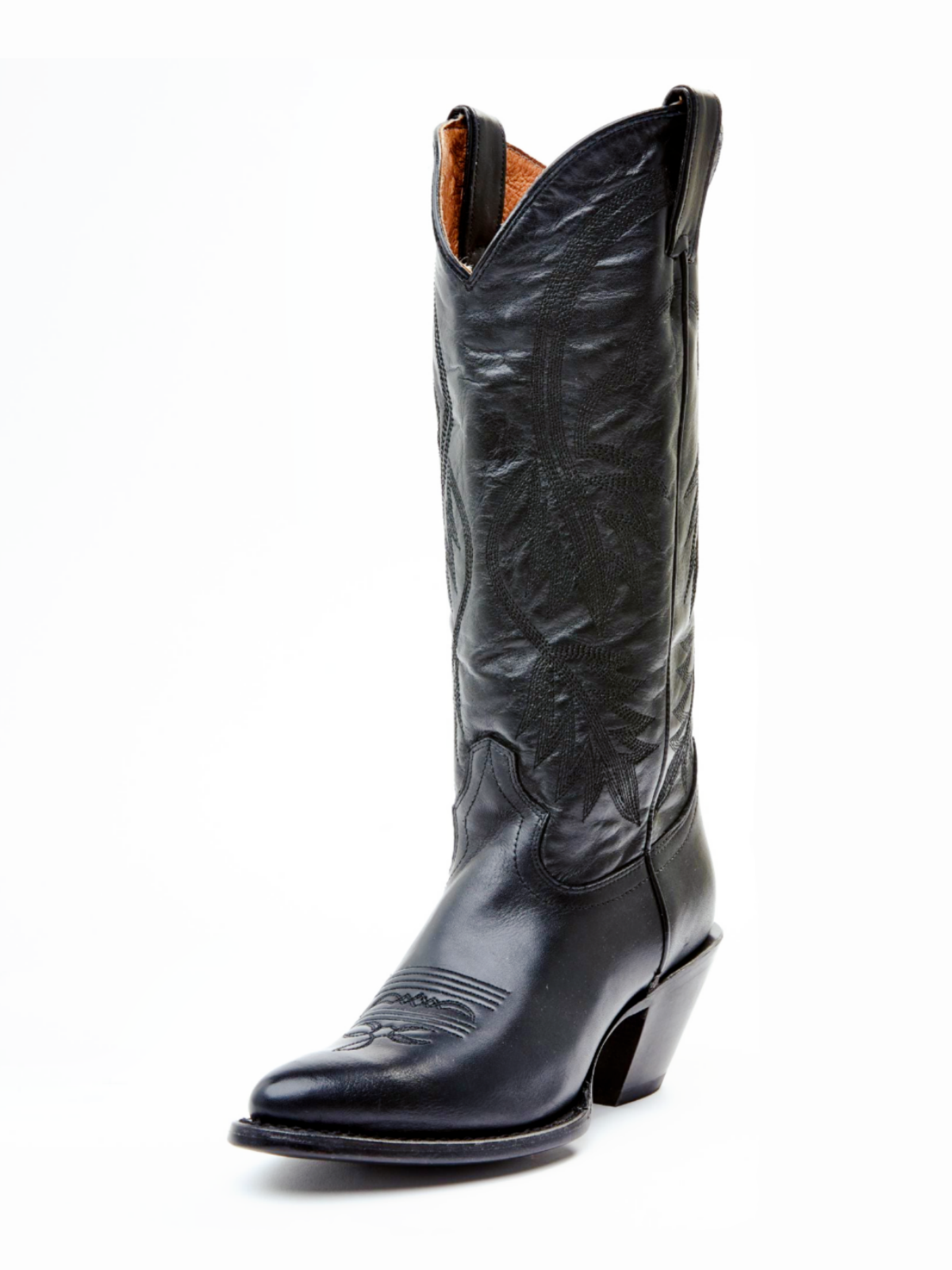 Black Almond-Toe Fallen Leaves Embroidery Wide Mid Calf Tall Cowgirl Boots