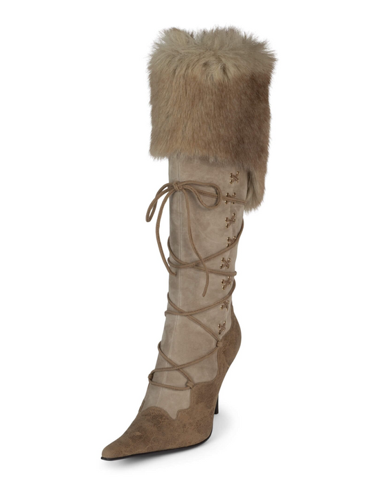 Contrast Brown And Beige Full-Zip Mid Calf Stiletto Boots With Lace-Up And Plush Collar