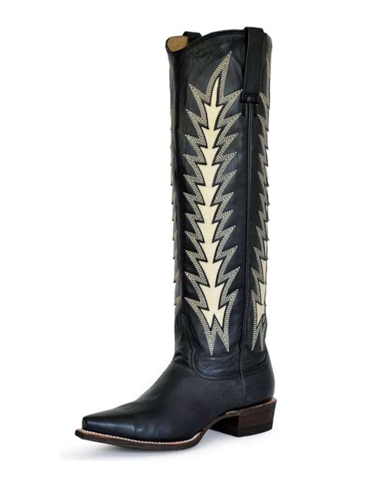 Black Snip-Toe Flame Inlay Embroidery Wide Calf Tall Knee High Cowgirl Boots