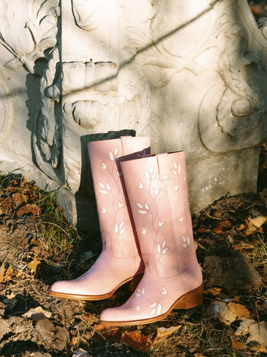 Pink Round-Toe Leaf Inlay Wide Mid Calf Cowgirl Boots