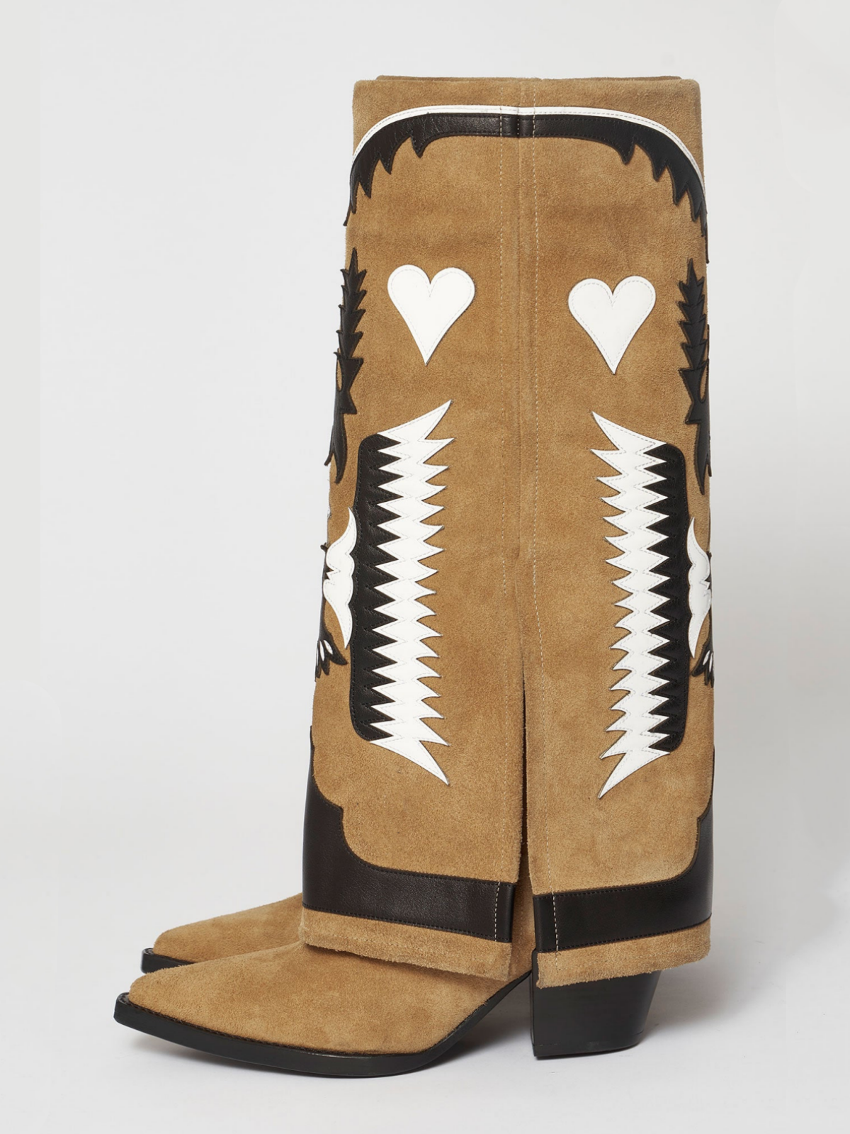 Fold-Over Panel Eagle And Heart Applique Wide Mid Calf Boots - Camel