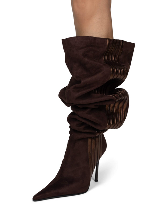 Brown Pointed-Toe Slouchy Wide Calf Over-The-Knee Stiletto Boots With Metallic Stripe