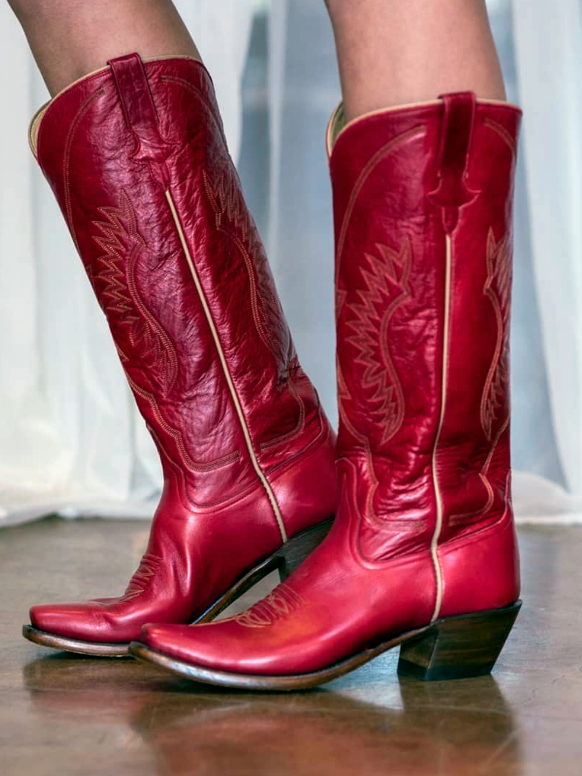 Red Crinkle Embroidery Snip-Toe Western Wide Mid Calf Boots Cowgirl Tall Boots