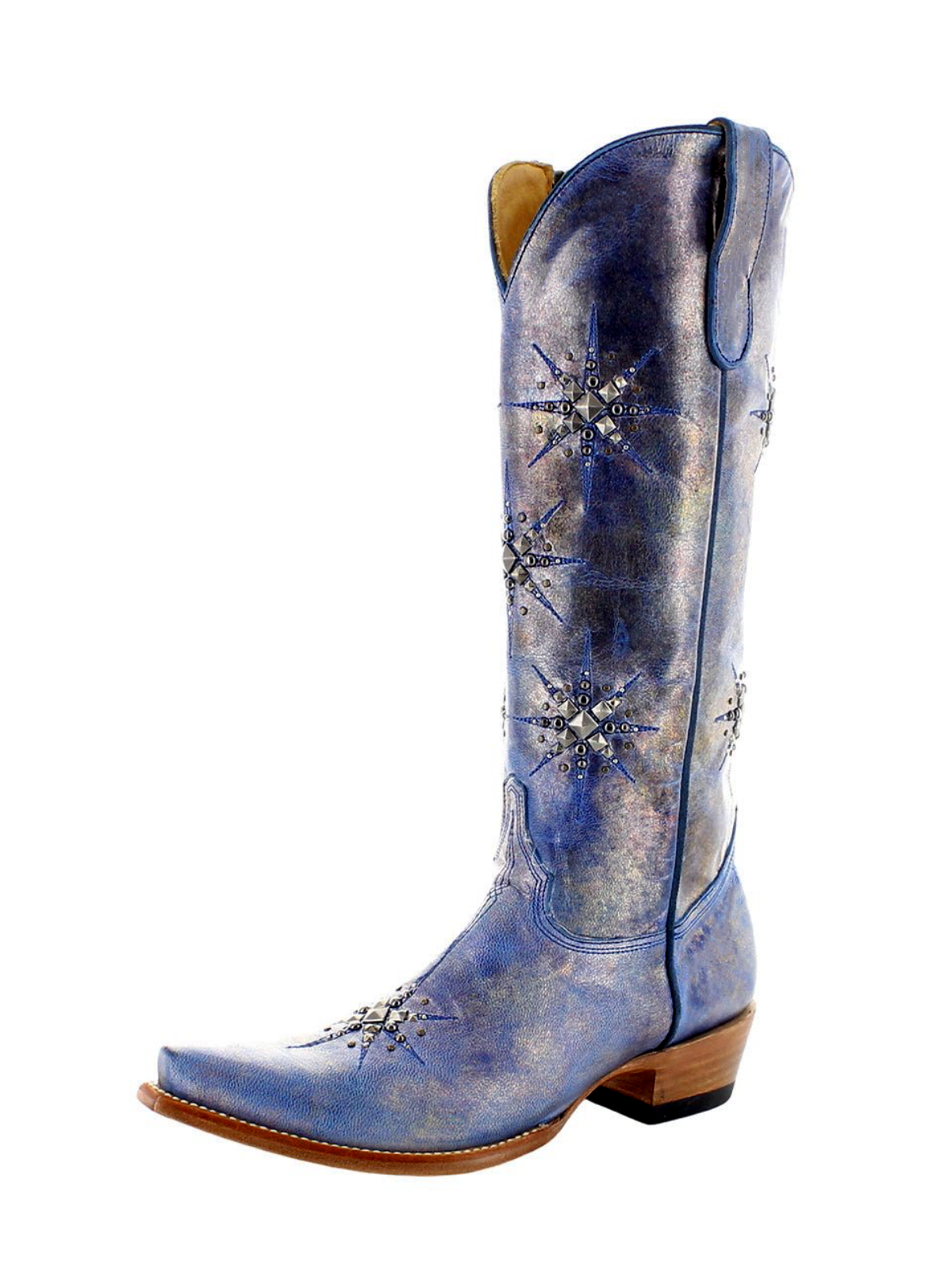 Metallic Blue Snip-Toe Studded Stars Full-Zip Mid Calf Cowgirl Boots