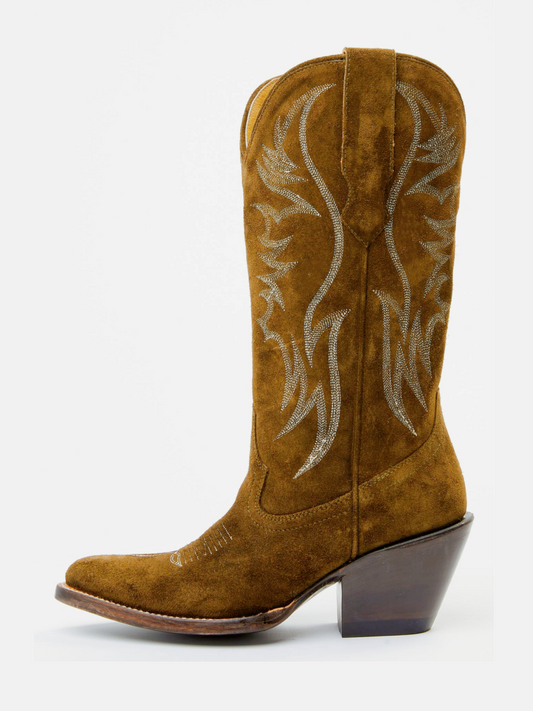 Faux Suede Wings Embroidery Pointed-Toe Wide Mid Calf Tall Cowgirl Boots - Olive Green