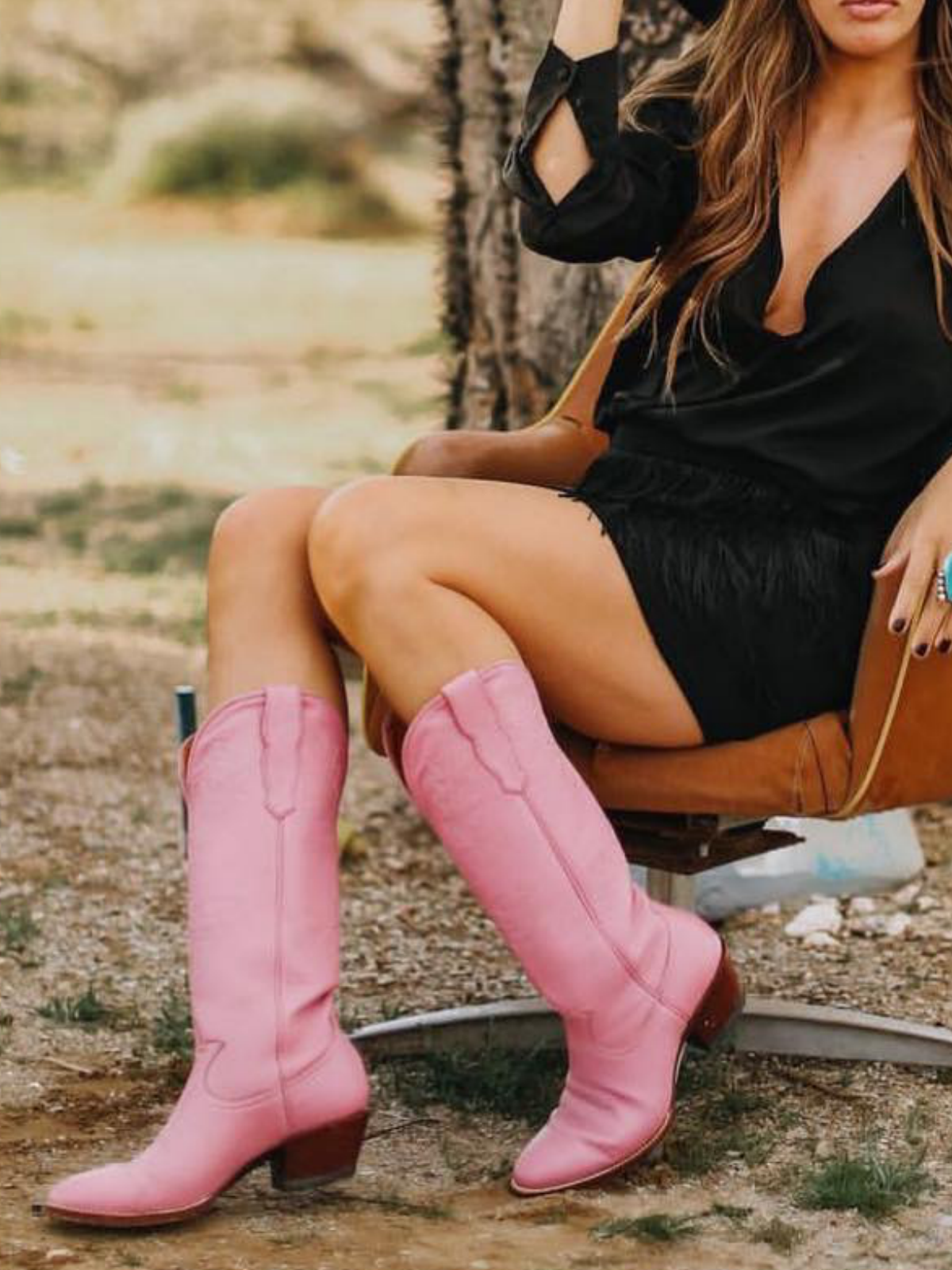 Pink Vegan Leather Embroidery Almond-Toe Wide Mid Calf Tall Cowgirl Boots