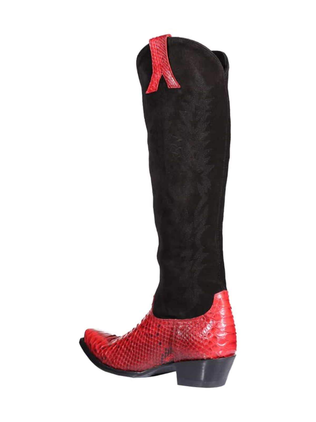 Contrast Black Faux Suede And Red Snakeskin Snip-Toe Embroidery Half-Zip Knee High Cowgirl Boots