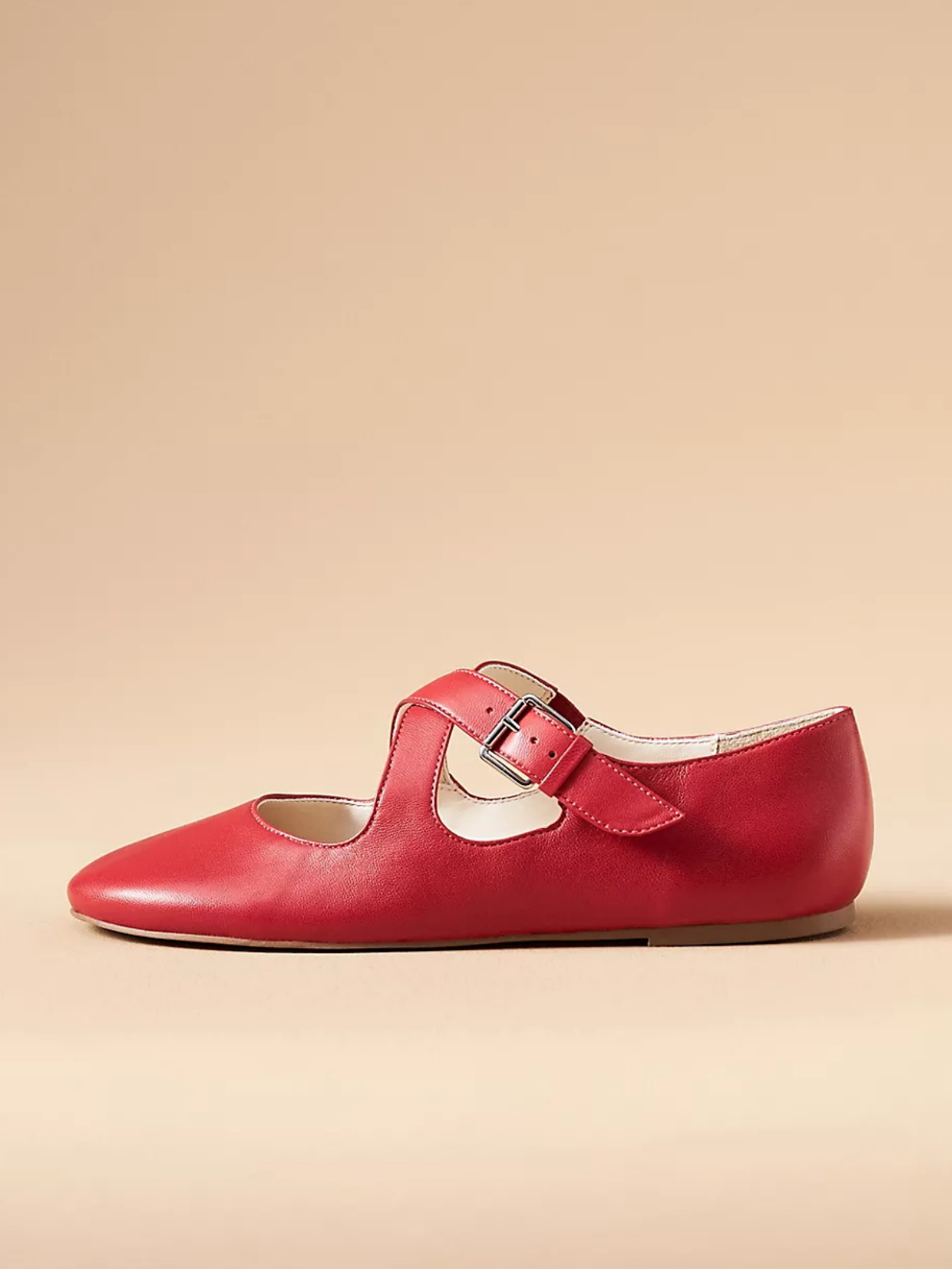 Red Buckled Cross Strap Round-Toe Mary Janes Flats