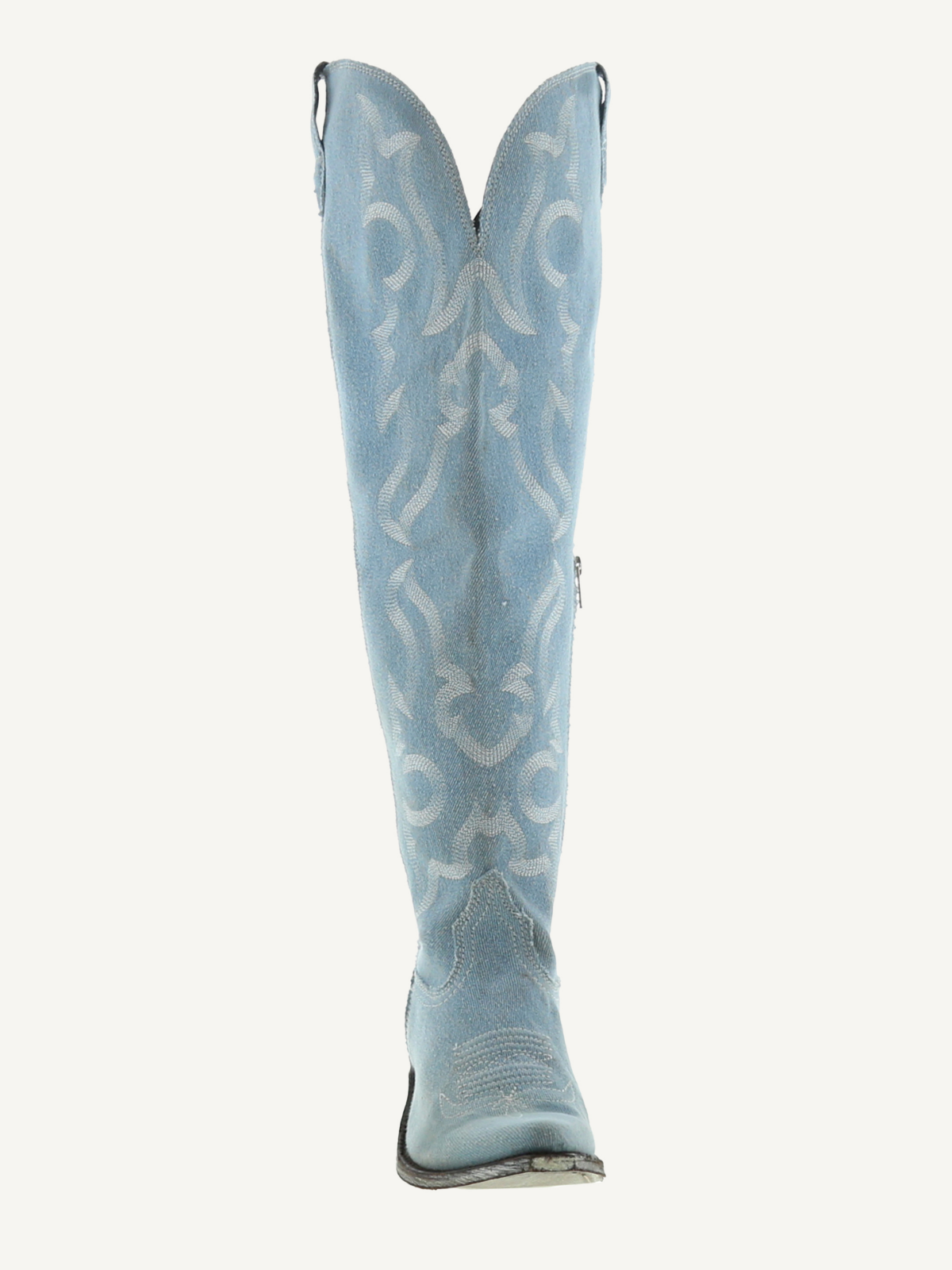 Denim Blue Embroidery Pointed-Toe Half-Zip Over-The-Knee Cowgirl Boots