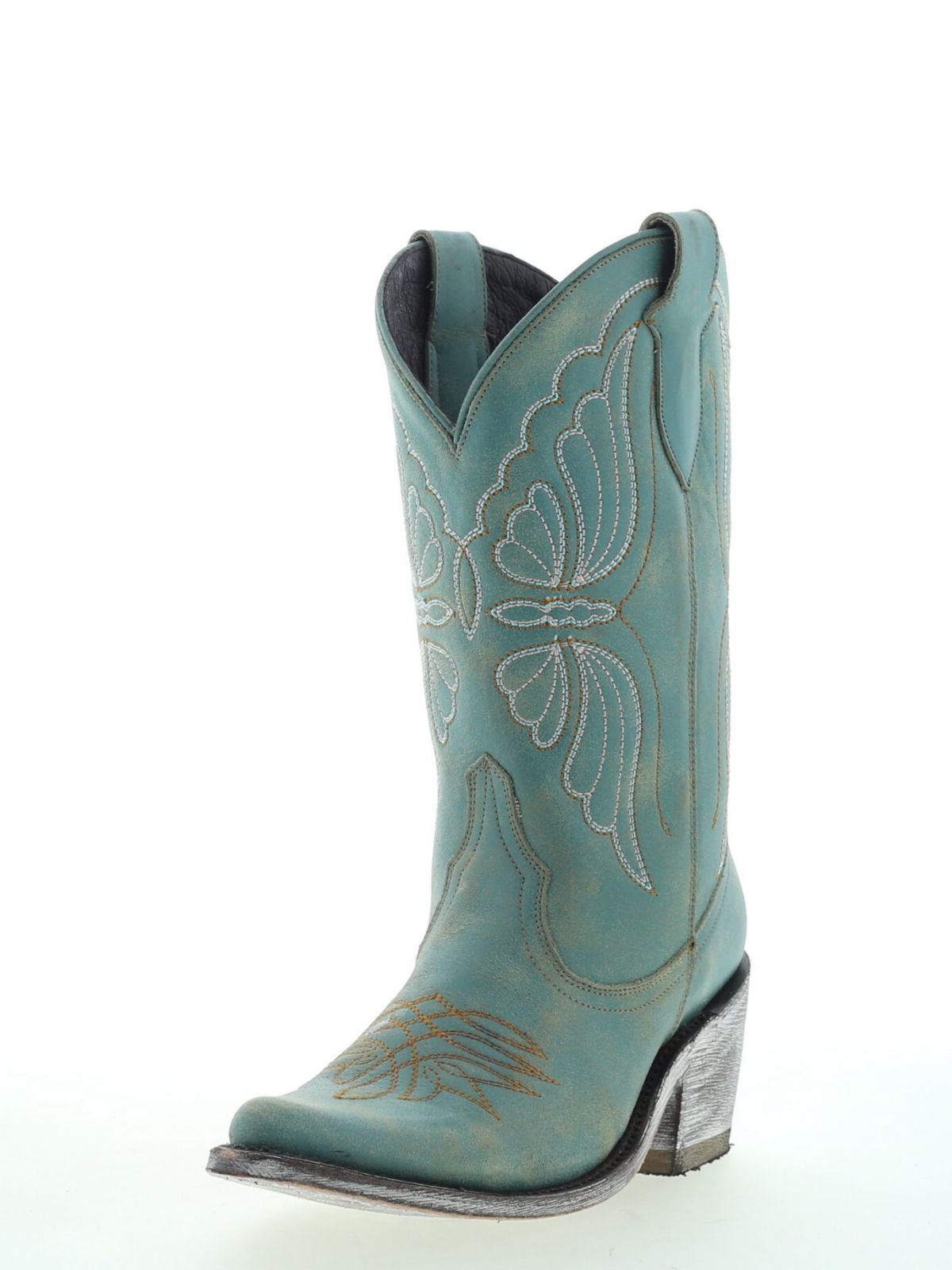 Butterfly Embroidery Almond-Toe Wide Mid Calf Cowgirl Boots - Aqua