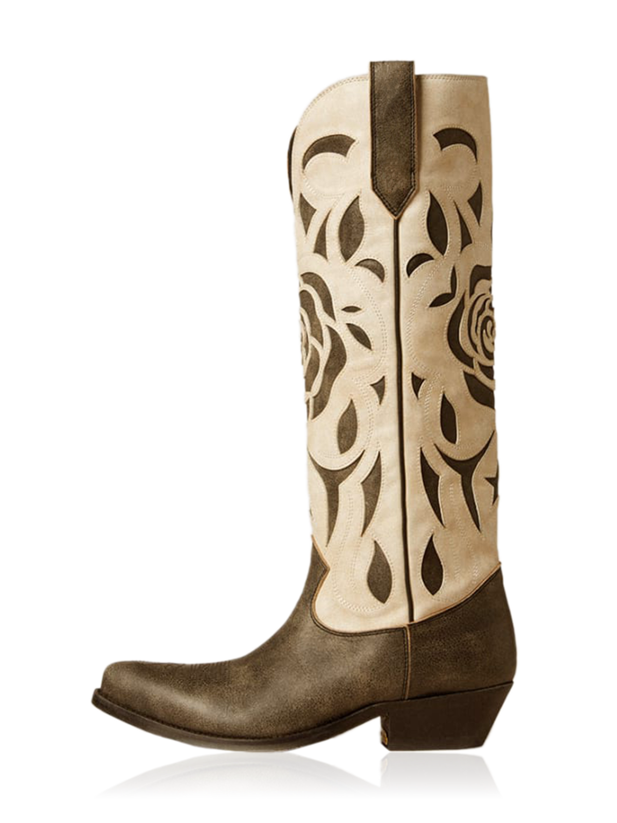 Contrast Brown And Bone Snip-Toe Rose Inlay Embroidery Wide Mid Calf Cowgirl Boots