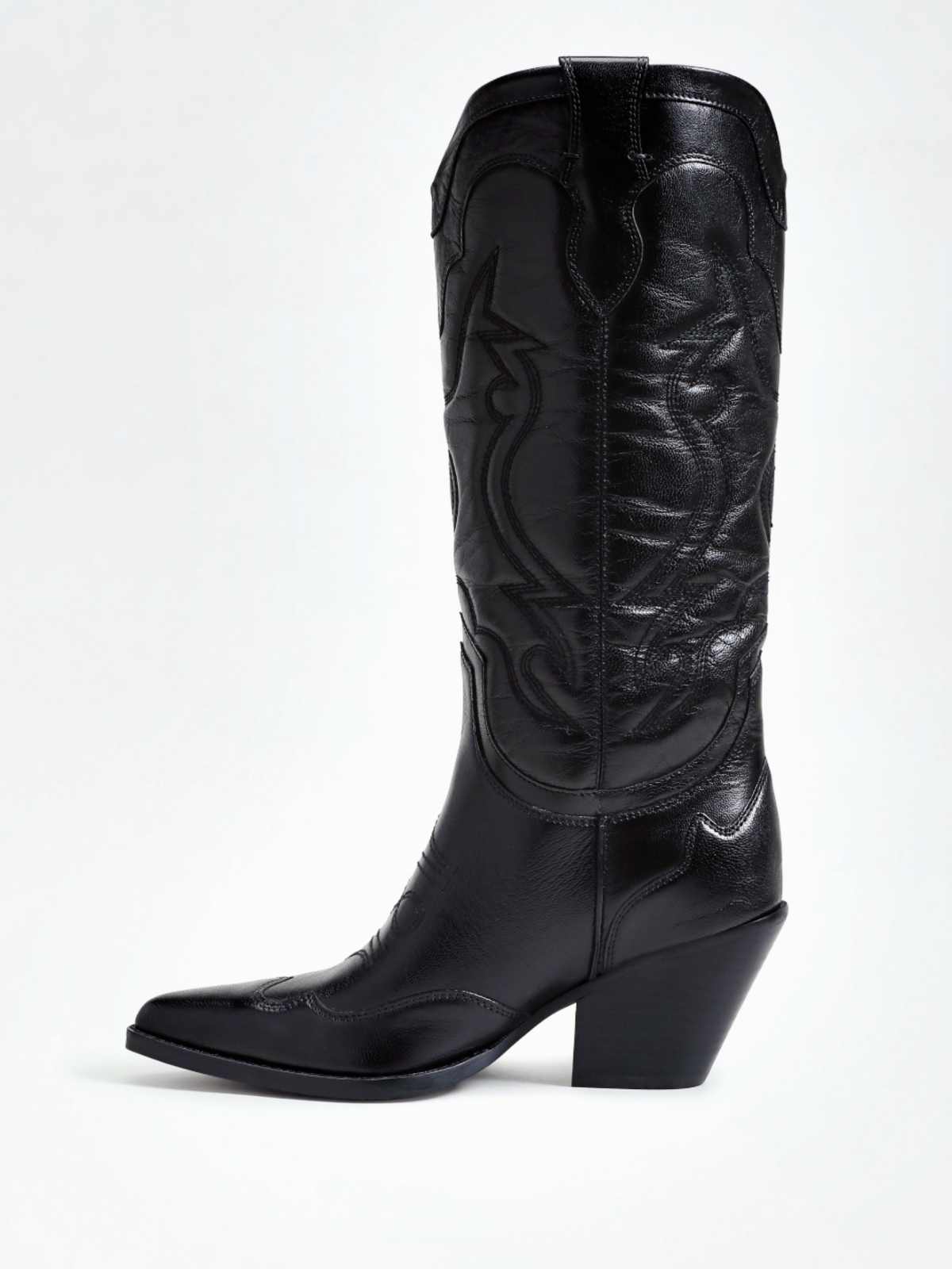 Black Pointed-Toe Classic Embroidery Wide Mid Calf Cowgirl Boots