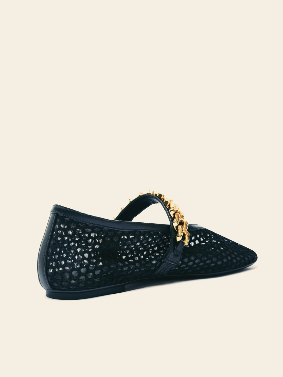 Black Fishnet Round Toe Flats Mary Janes With Gold Chain Strap