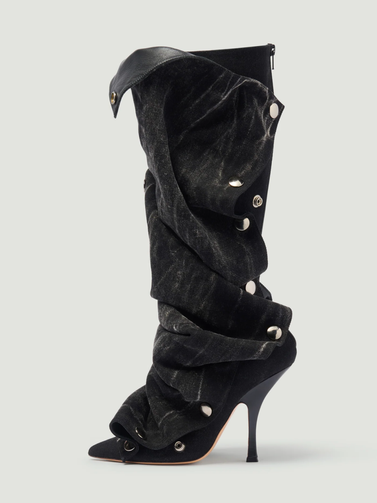 Black Denim Pointed-Toe Detachable Snap Panel Full-Zip Mid Calf Stiletto Boots