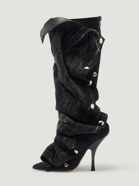Black Denim Detachable Snap Panel Full-Zip Mid Calf Stiletto Boots