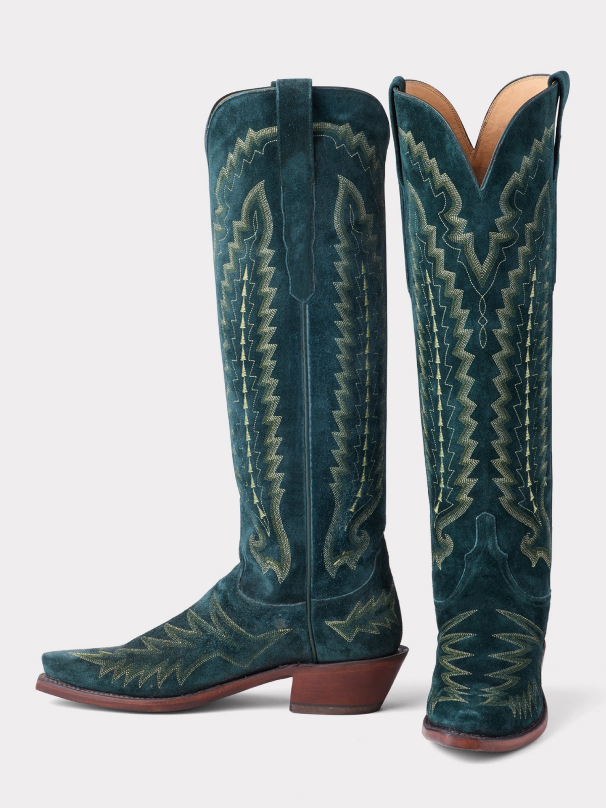 Forest Green Faux Suede Snip-Toe Western Embroidery Wide Calf Tall Knee High Cowgirl Boots