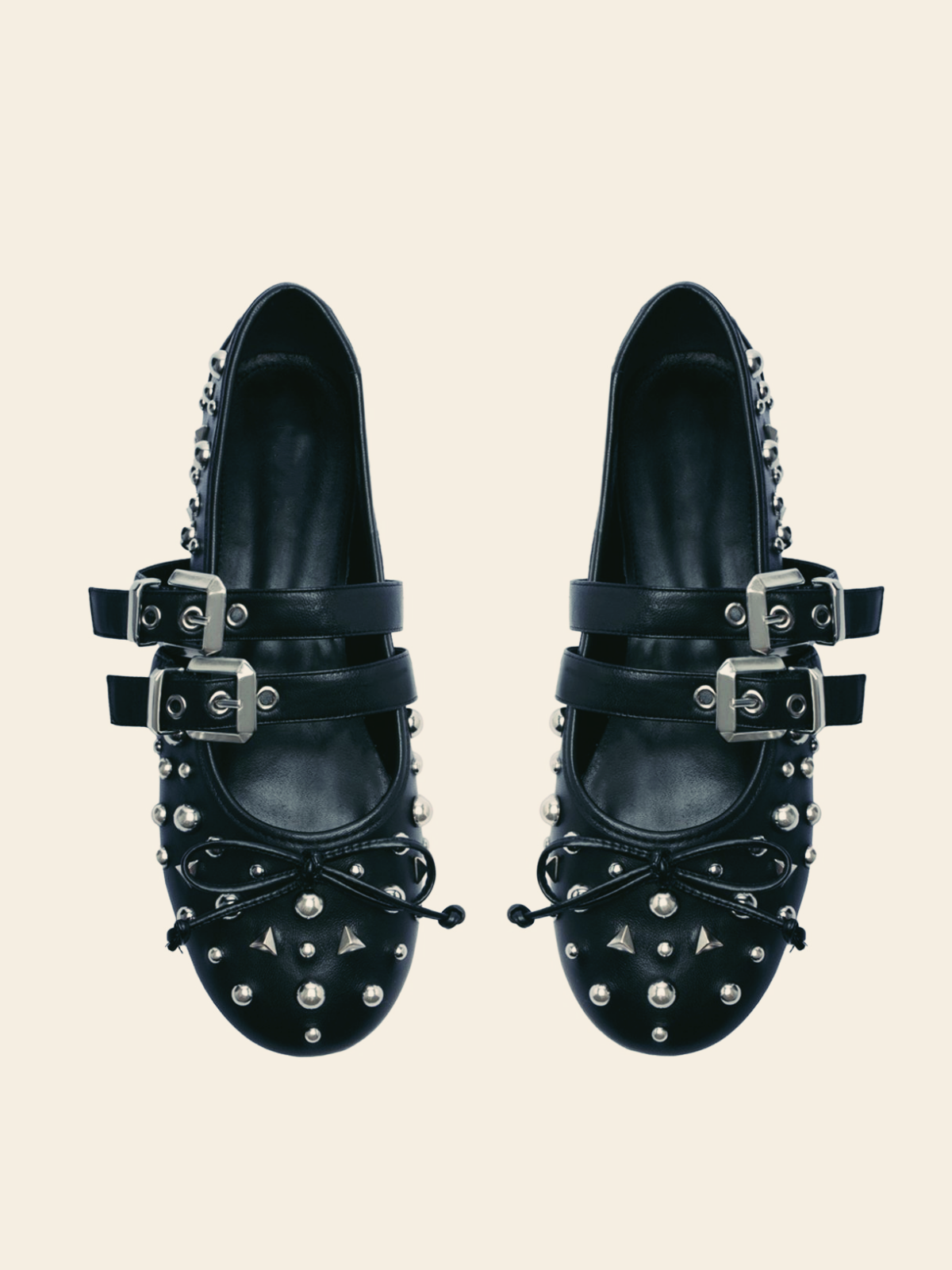 Black Bow Studded Ballet Flats Mary Janes With Grommet Buckled Strap