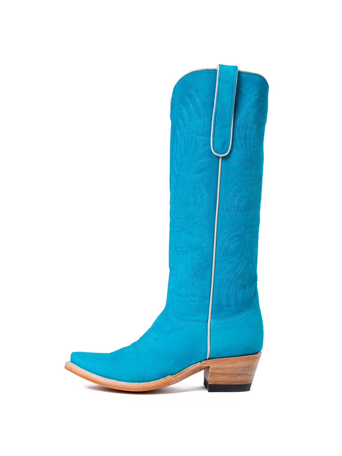 Blue Faux Suede Embroidery Snip-Toe Wide Mid Calf Cowboy Tall Boots For Women