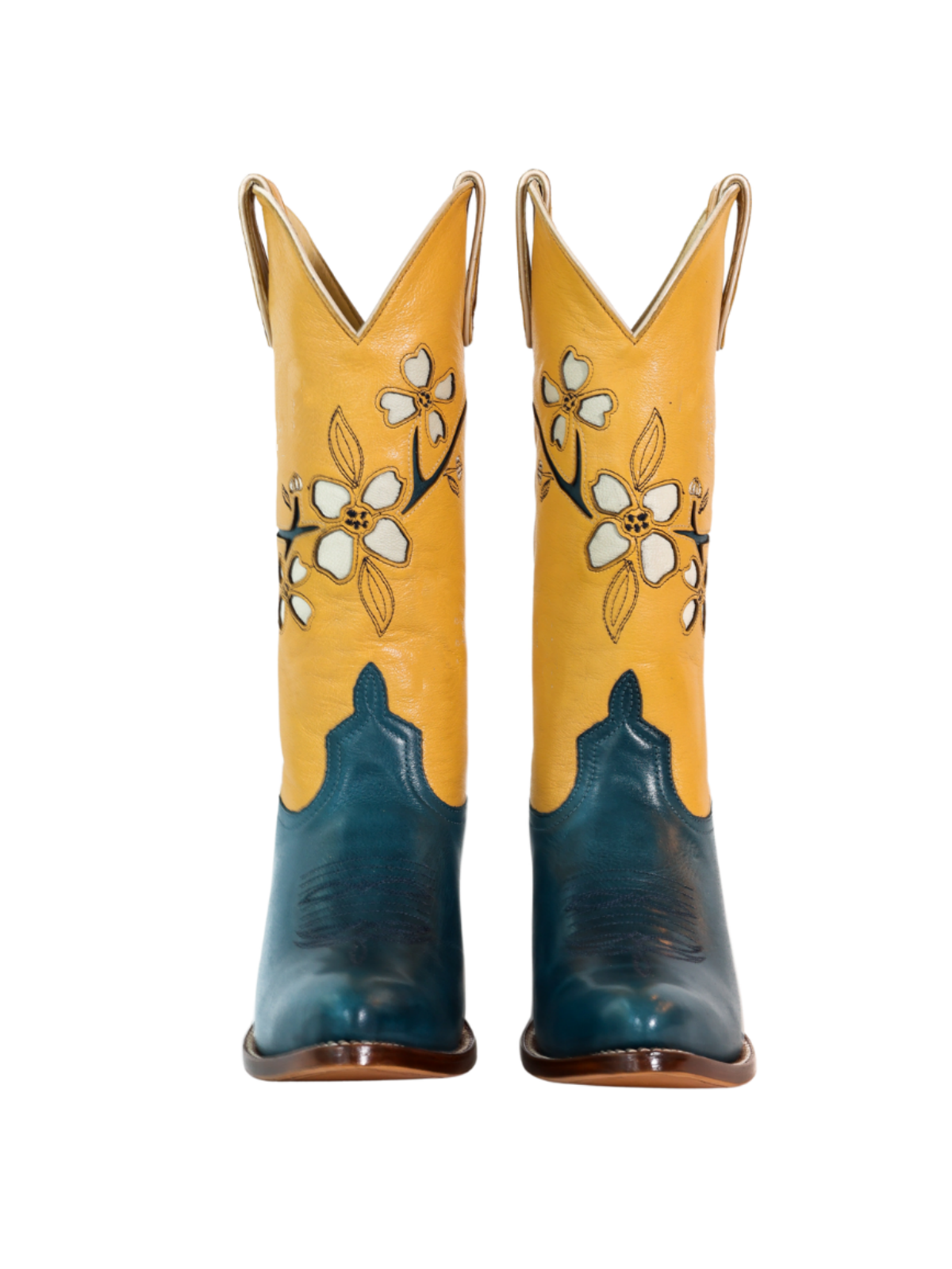 Contrast Yellow And Turquoise Almond-Toe Fresh Flower Inlay Wide Mid Calf Cowgirl Boots