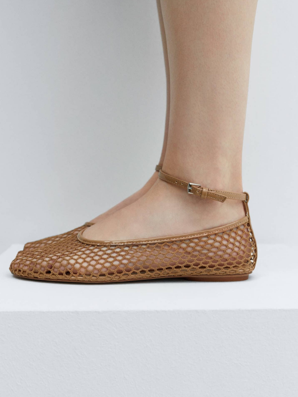 Cinnamon Fishnet Mesh Ballet Flats With Buckled Ankle Bracelet