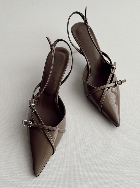Taupe Patent Buckled Strappy Kitten Heels Slingback Courts Scarpin Pumps