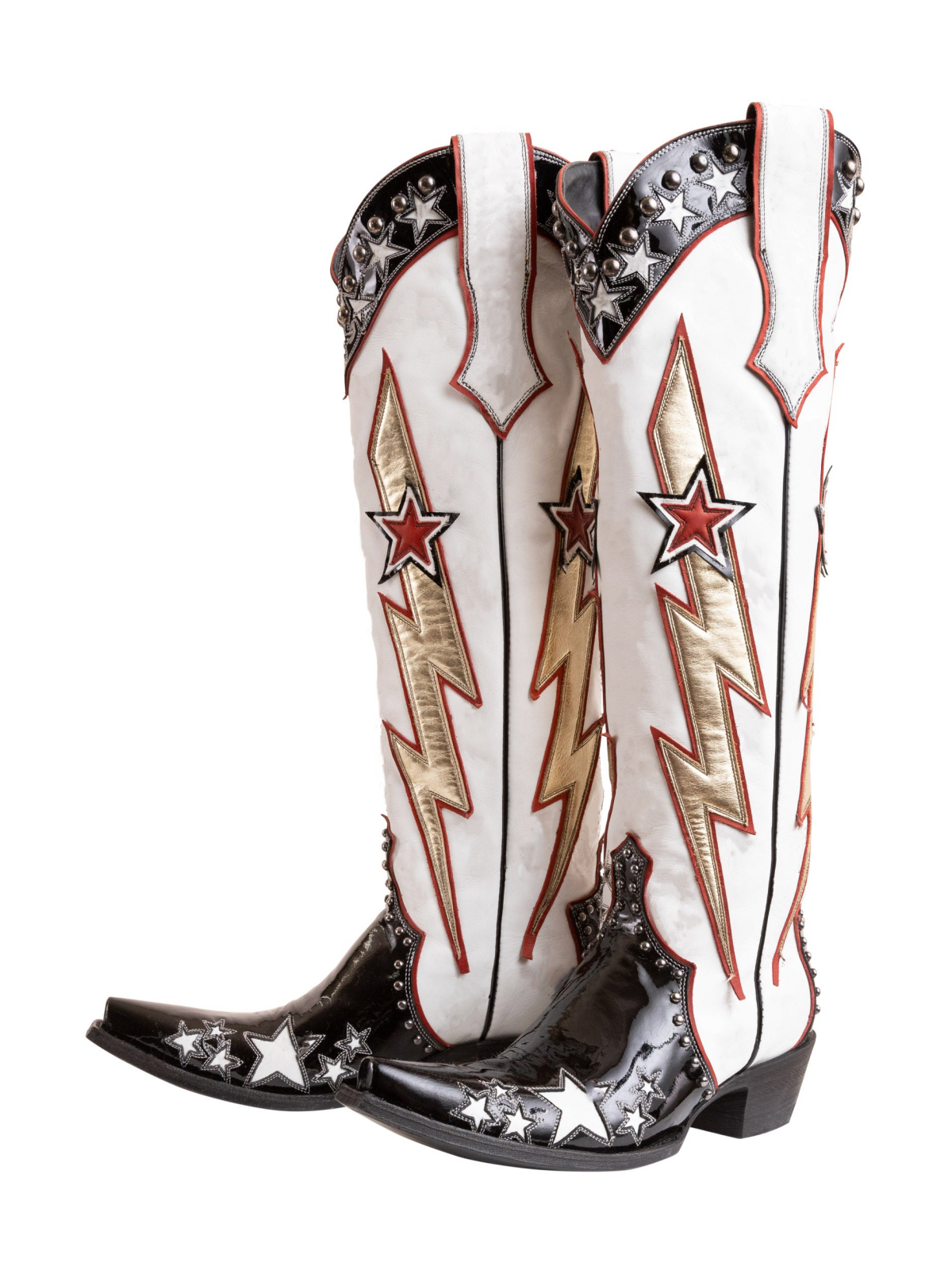 Contrast Black Patent And White Studded Star Lightning Wide Calf Knee High Tall Cowgirl Boots