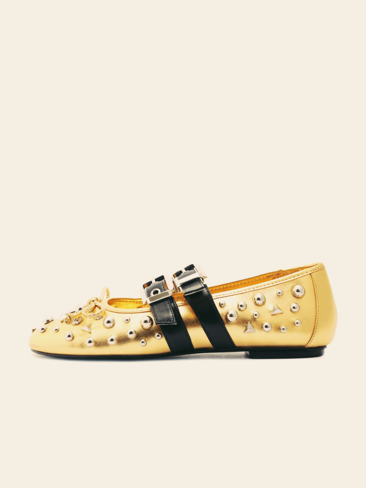 Metallic Gold Bow Studded Ballet Flats Mary Janes With Grommet Buckled Strap