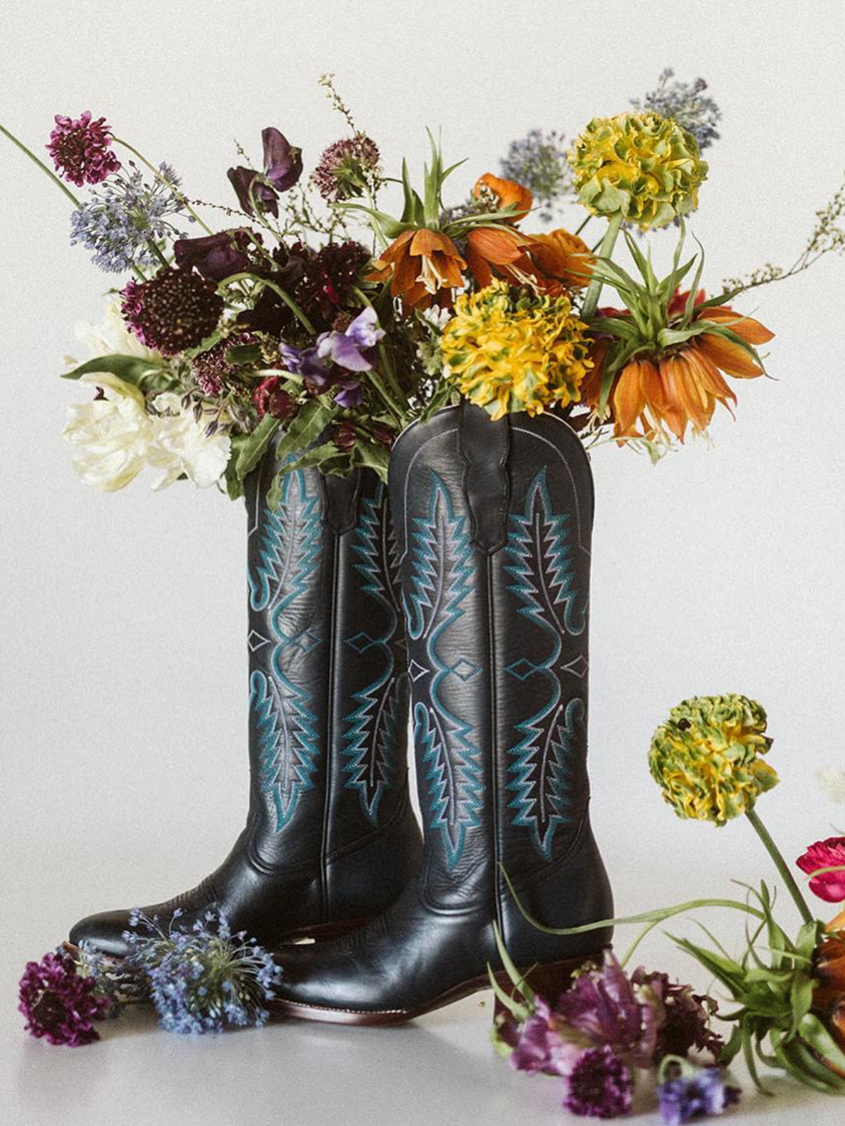 Blue Embroidered Almond-Toe Mid Calf Western Boots Wide Calf Cowgirl Tall Boots