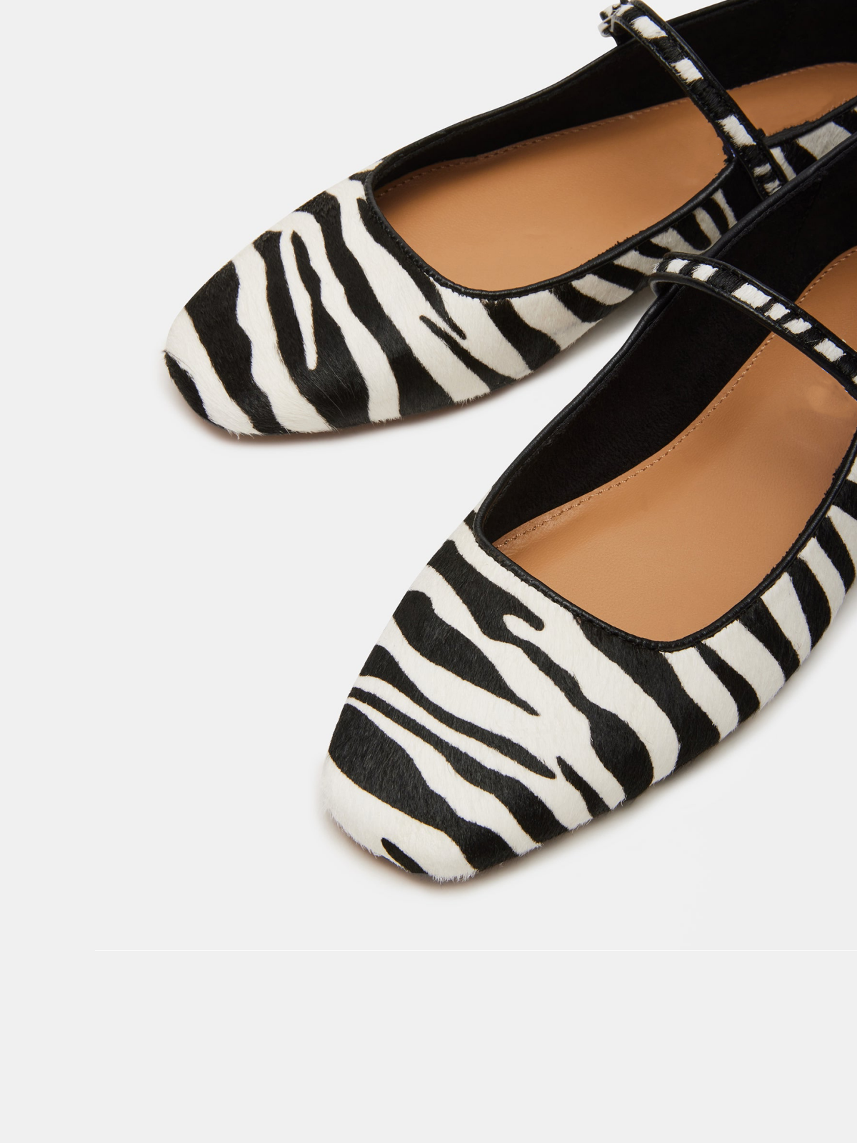 Zebra-Print Pony Hair Square-Toe Bridge Strap Mary Janes Ballet Flats