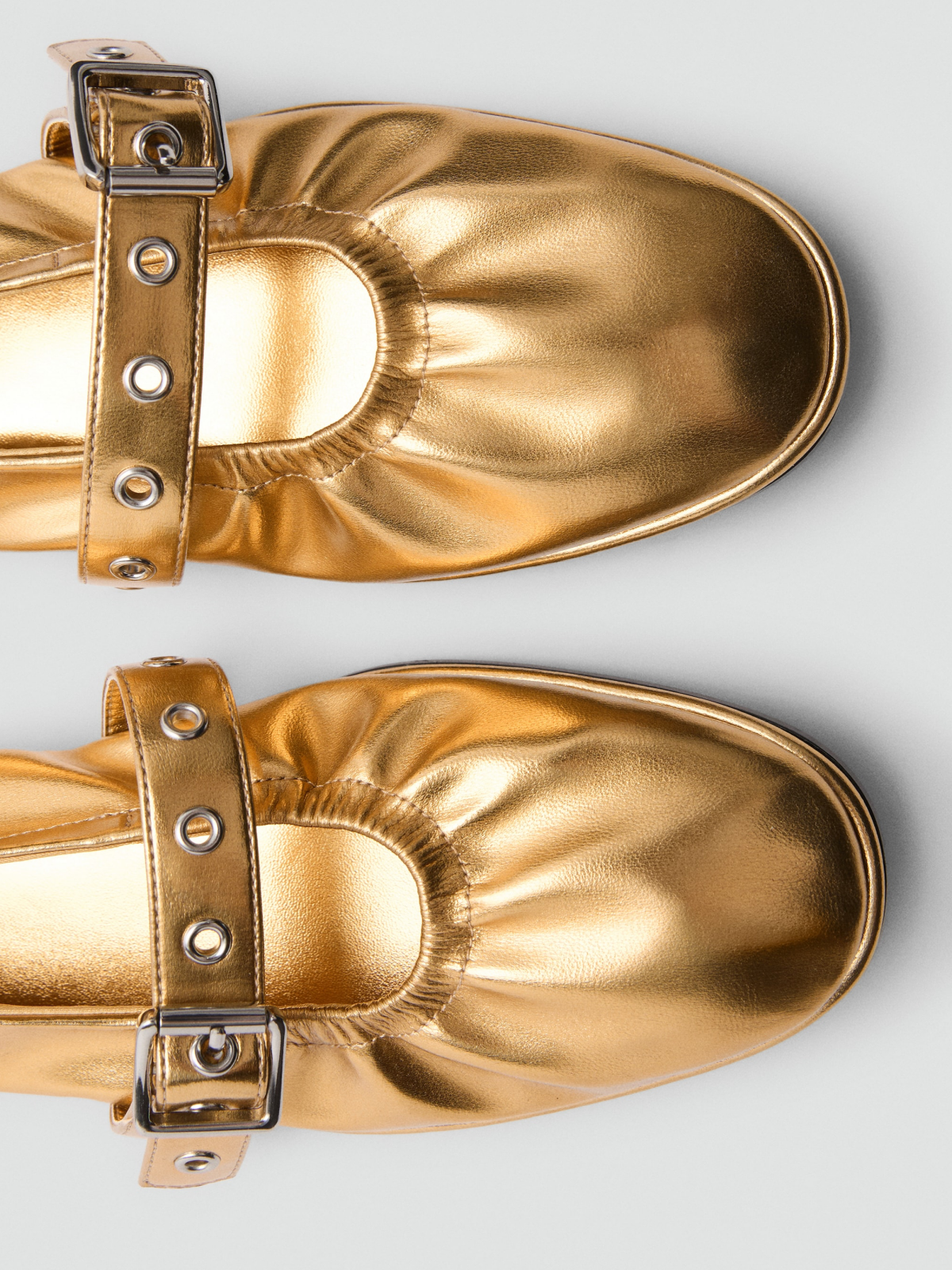 Metallic Gold Round-Toe Strap Closure With Buckle Ballet Flats