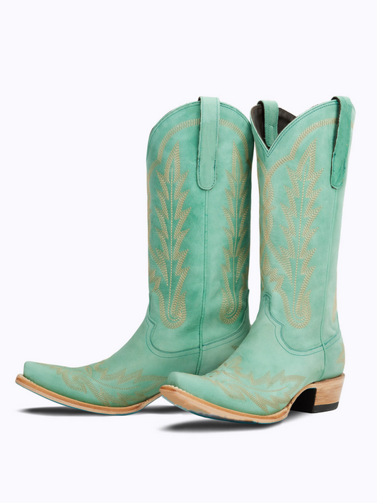 Turquoise Snip-Toe Embroidery Wide Mid Calf Tall Western Boots For Women