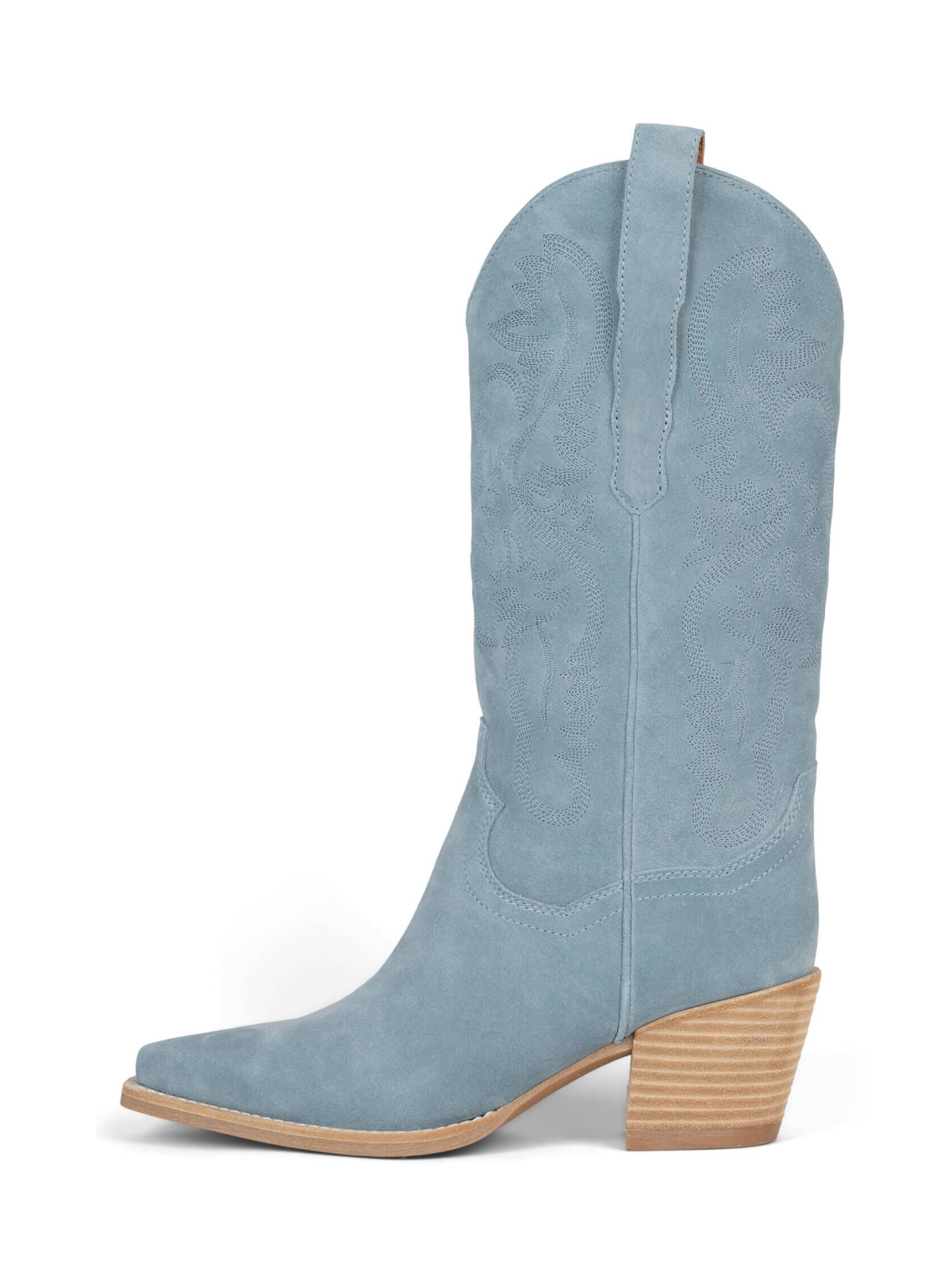 Sky Blue Faux Suede Snip-Toe Western Embroidery Wide Mid Calf Tall Cowgirl Boots